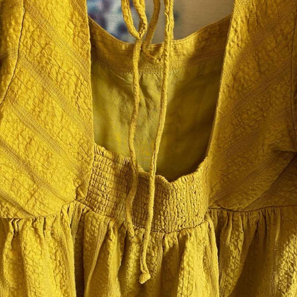 Free People chartreuse Mini Dress puff sleeves pockets open back square neckline - Picture 9 of 14